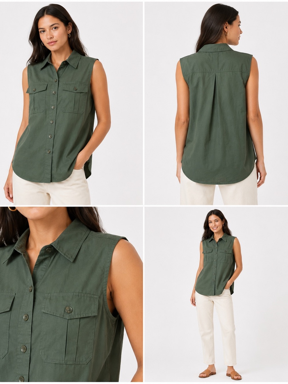 Banana Republic Tree Grove Green Sleeveless Double Pocket Button Down Size L